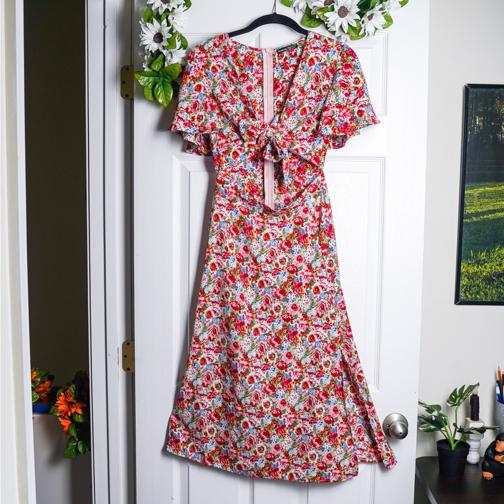 Floral Dress Midi Pink Short Sleeve Tie-Front Lightweight Back Zip Midriff Bare